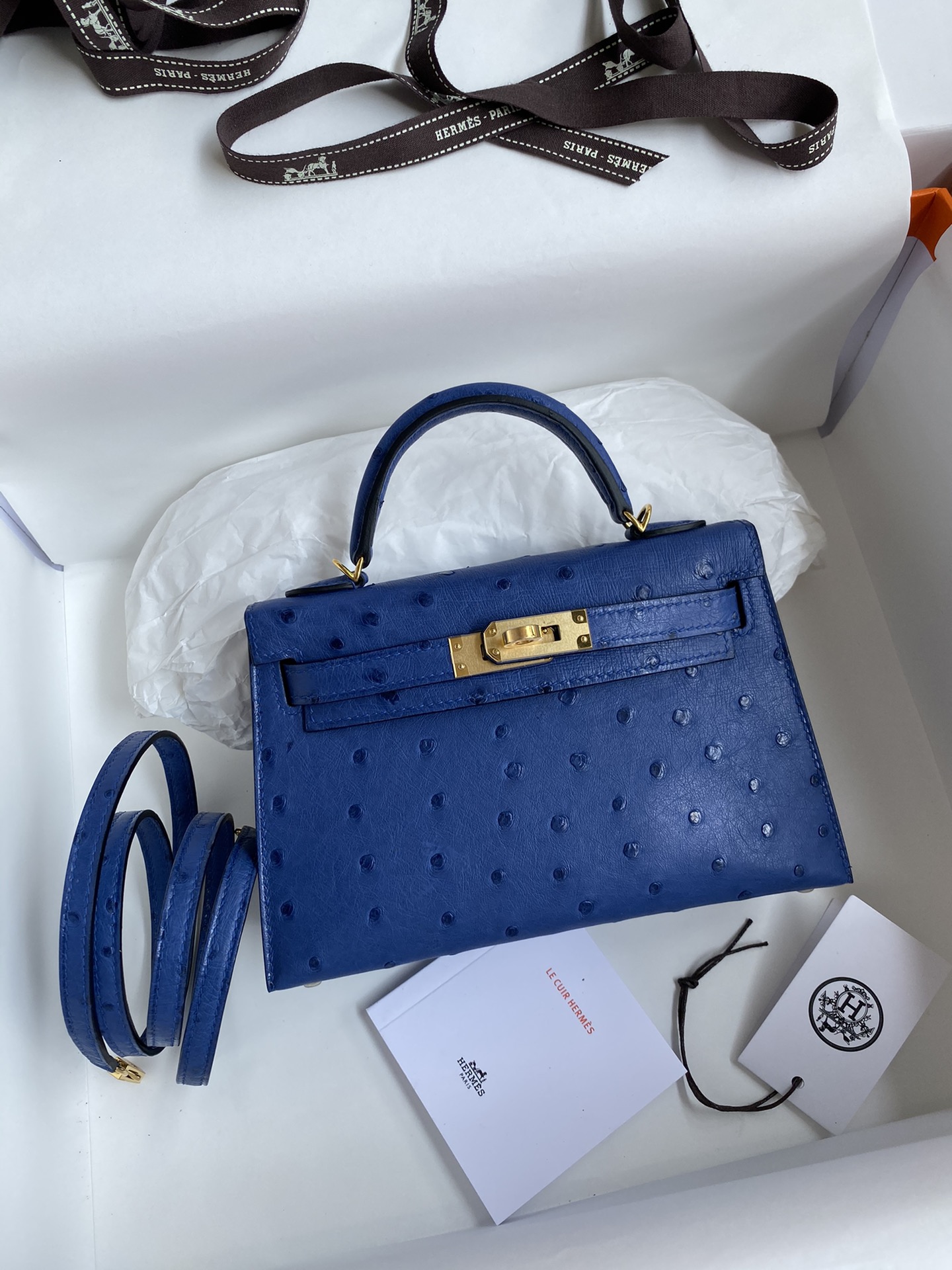 Hermes Kelly Mini II Bag 19CM In Blue Electric Ostrich Leather